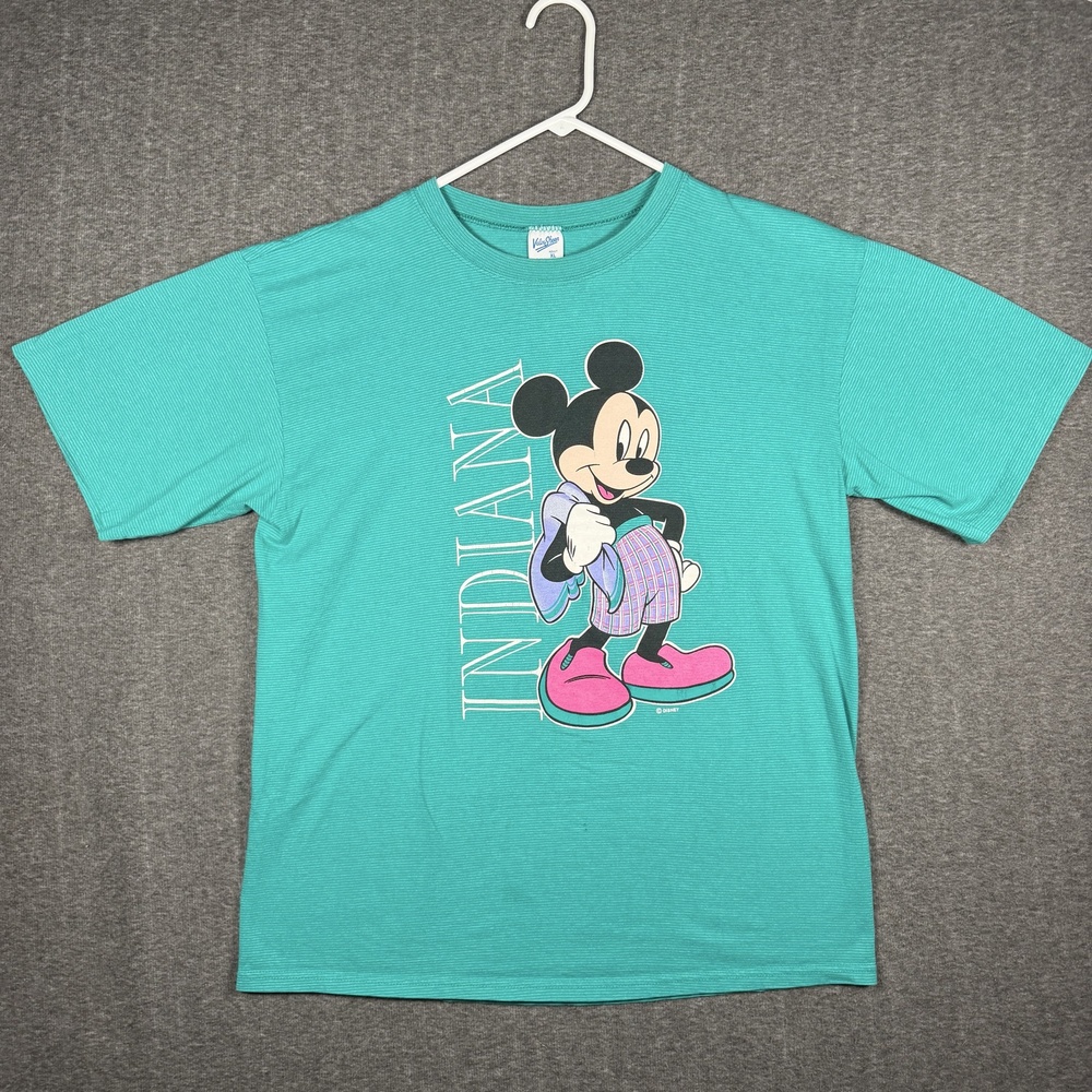 Vintage Velva Sheen Mickey Mouse Indiana T Shirt Mens XL Teal Disney 90s USA